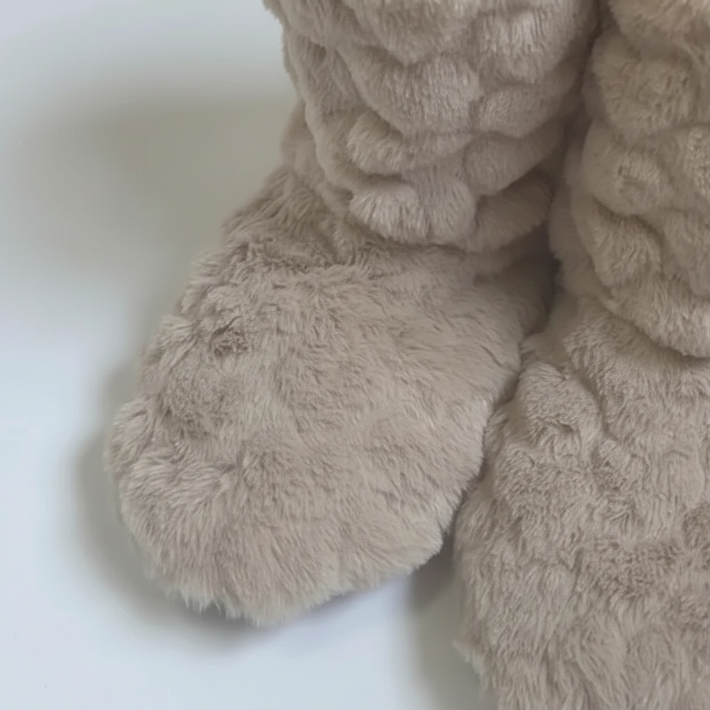 Close-up detail of the textured, soft velvety upper material of the slipper boots