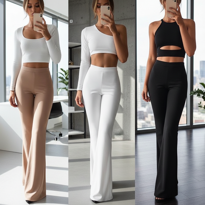 Woman wearing high-waisted flared trousers in khaki paired with a white top