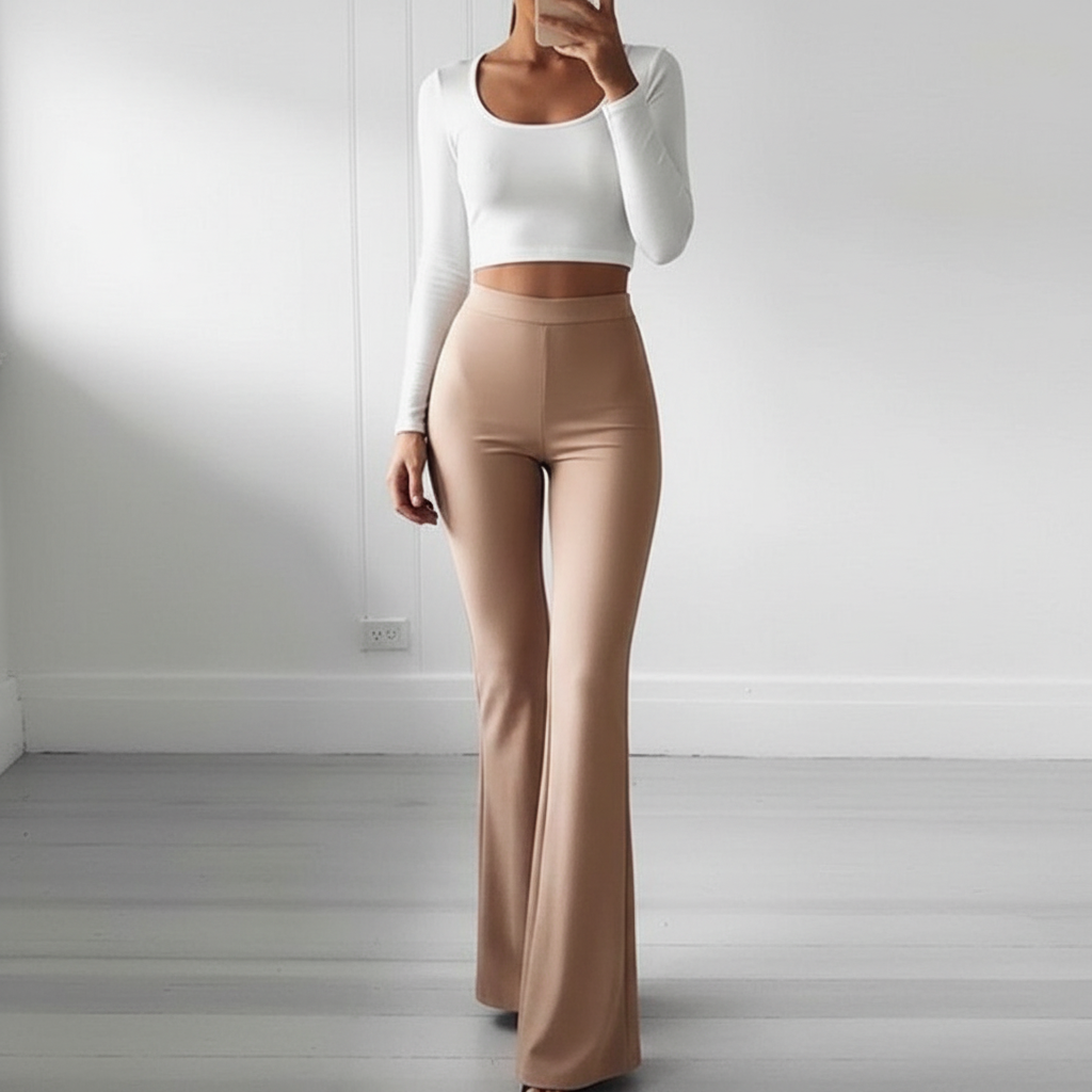 Side profile of women's high-waisted flared trousers showing leg shape