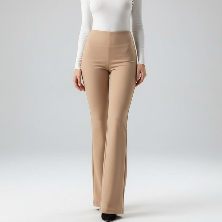 Close-up of the waistband and button closure on stylish wide leg trousers
