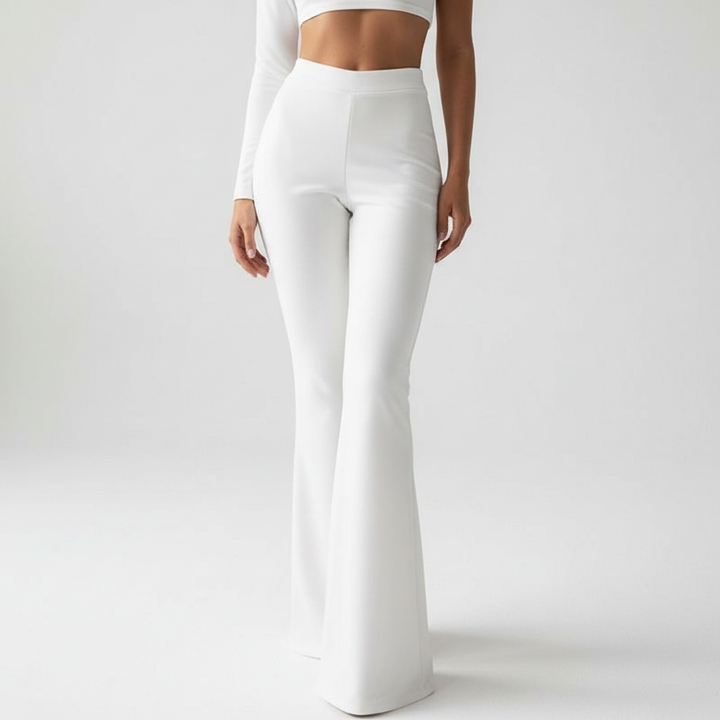 Textured fabric detail of high waisted pants in a versatile neutral shade