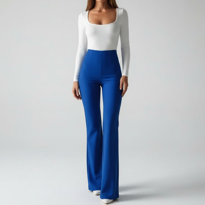 Full outfit featuring flared trousers paired with a chic blouse for work