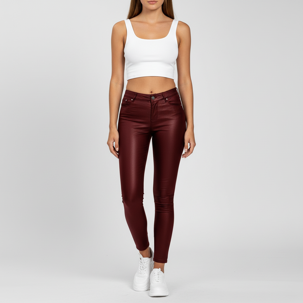 Red high-waisted skinny trousers paired with casual wear top
