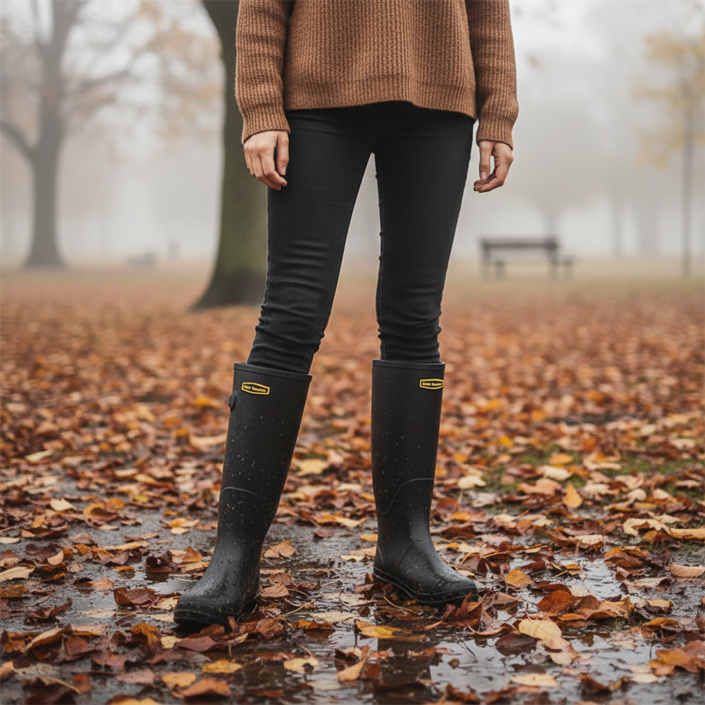 Woman wearing black waterproof rain boots walking outdoors on a wet autumn day