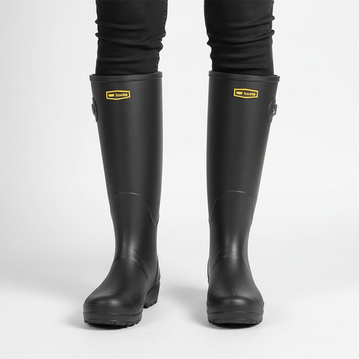 Studio shot of women's black rain boots against a neutral background