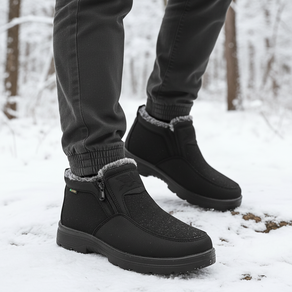 Men's black waterproof winter boots worn outdoors in snow