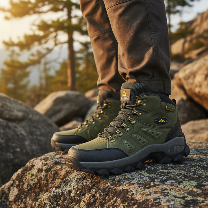 Close-up of green high ankle support hiking boots worn outdoors on rocky terrain