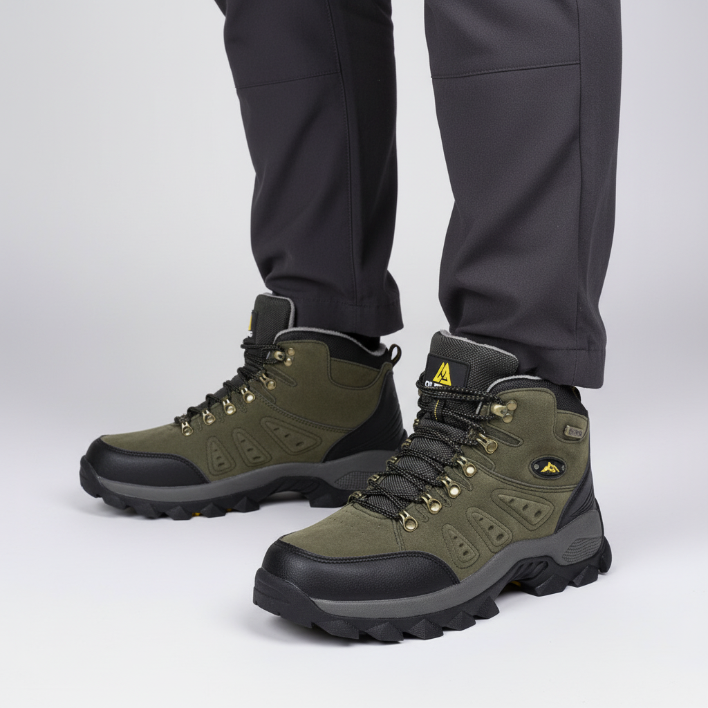 Green hiking boots with lace-up metal eyelets showcased against a neutral background