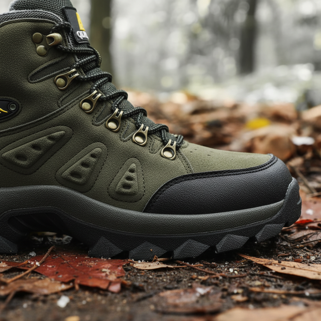 Detailed view of the textured rubber outsole and reinforced upper of the hiking boot