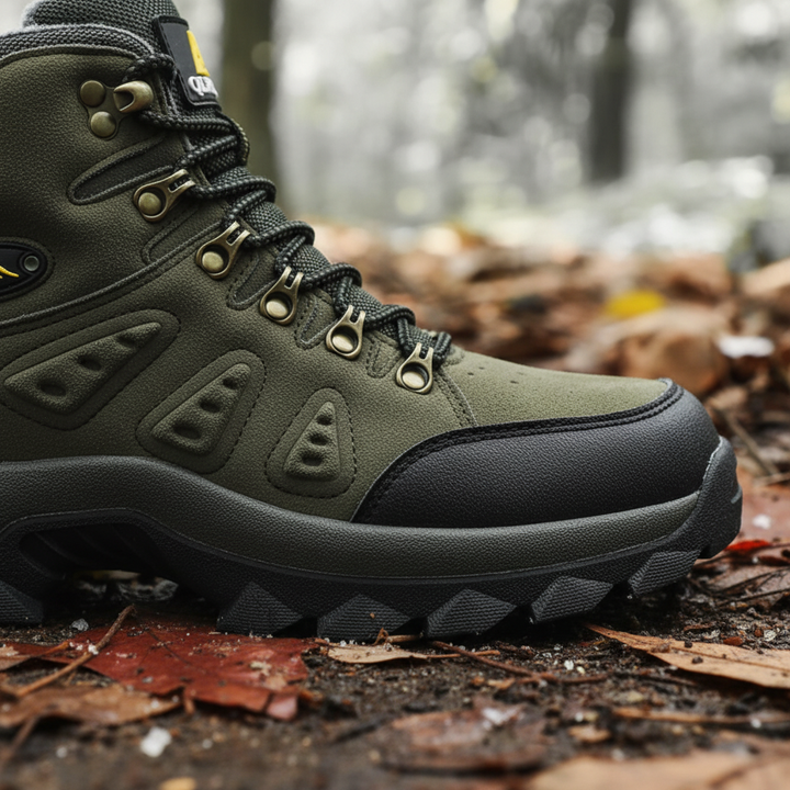 Detailed view of the textured rubber outsole and reinforced upper of the hiking boot