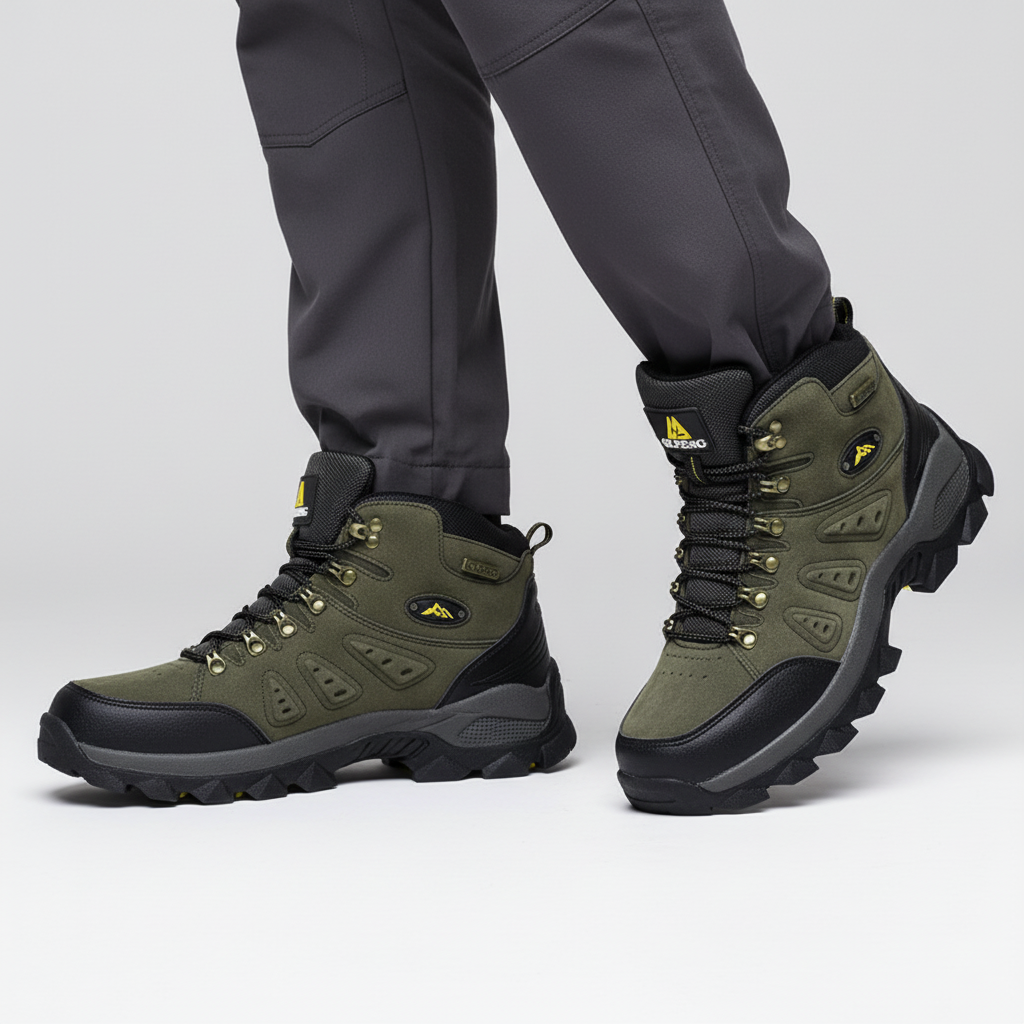Mens water repellent hiking boots showing high ankle support and trail grip sole