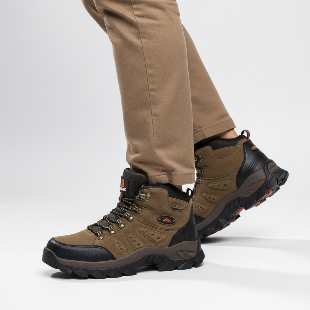 Mens trail shoes and ankle support hiking boots displayed from the side
