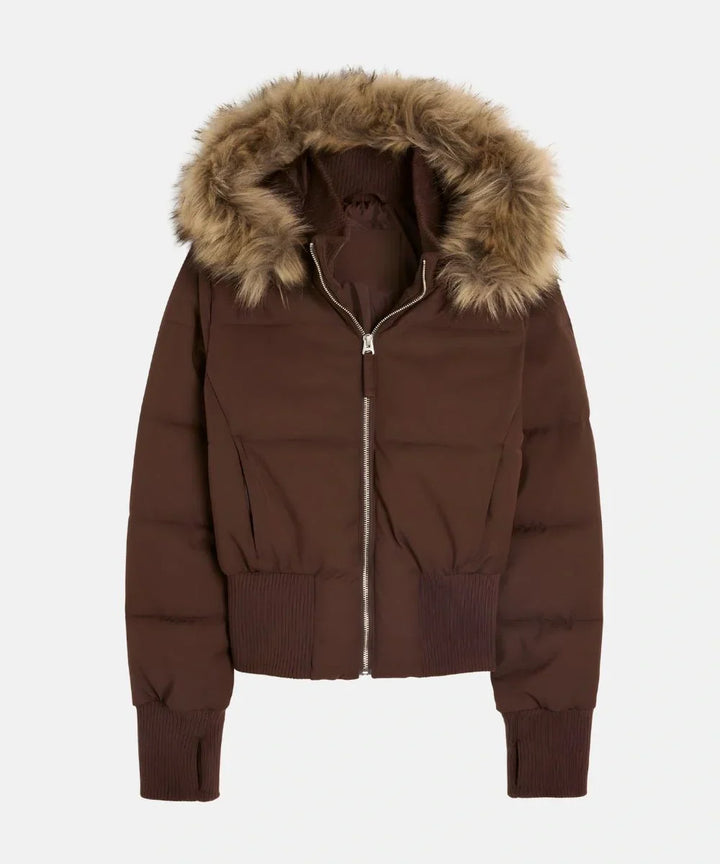 Full outfit view featuring the women's casual quilted winter puffer jacket