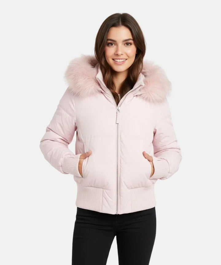 Detailed shot of the collar and zipped hood attachment on the coat