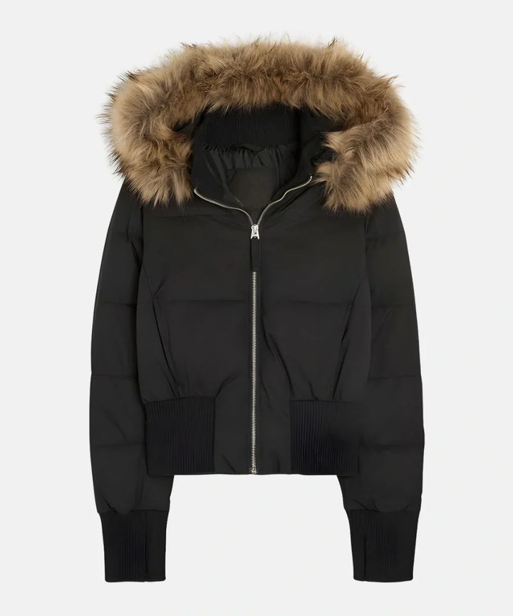 Side profile view of the women's casual outerwear quilted winter coat