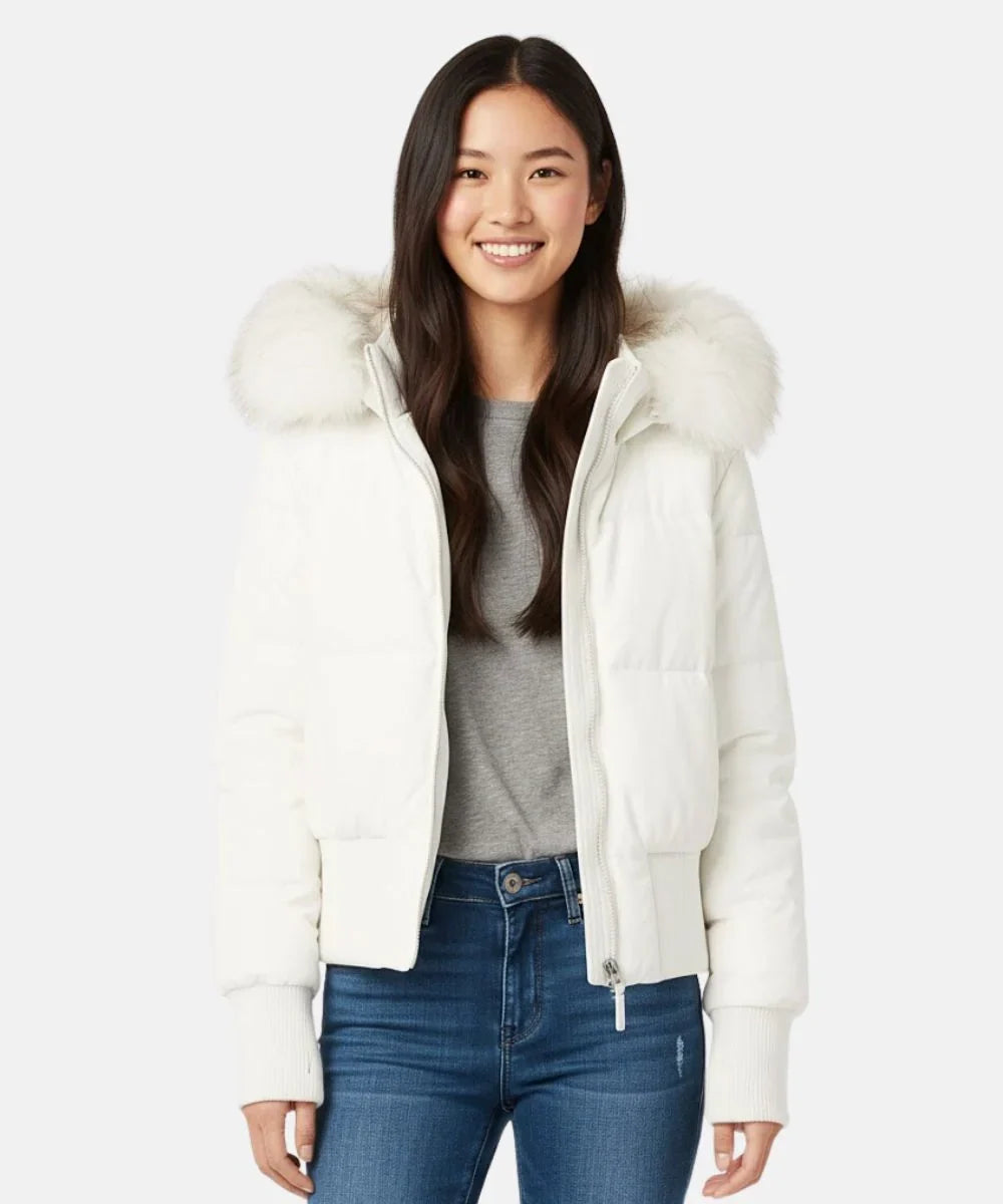 Faux fur hood detached and close-up detail on the winter outerwear
