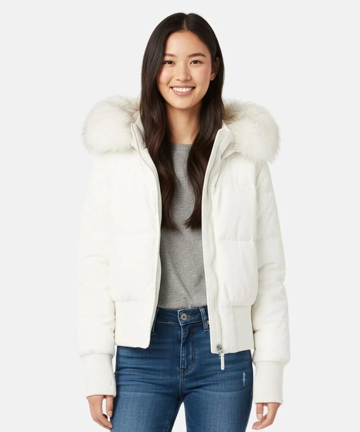 Faux fur hood detached and close-up detail on the winter outerwear