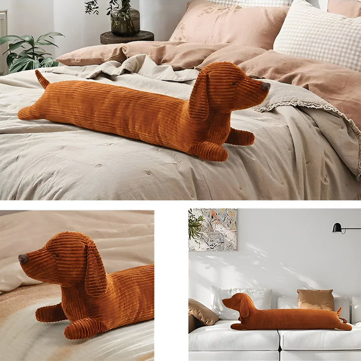 Fluffy dachshund stuffed animal pillow presented as a cozy gift item