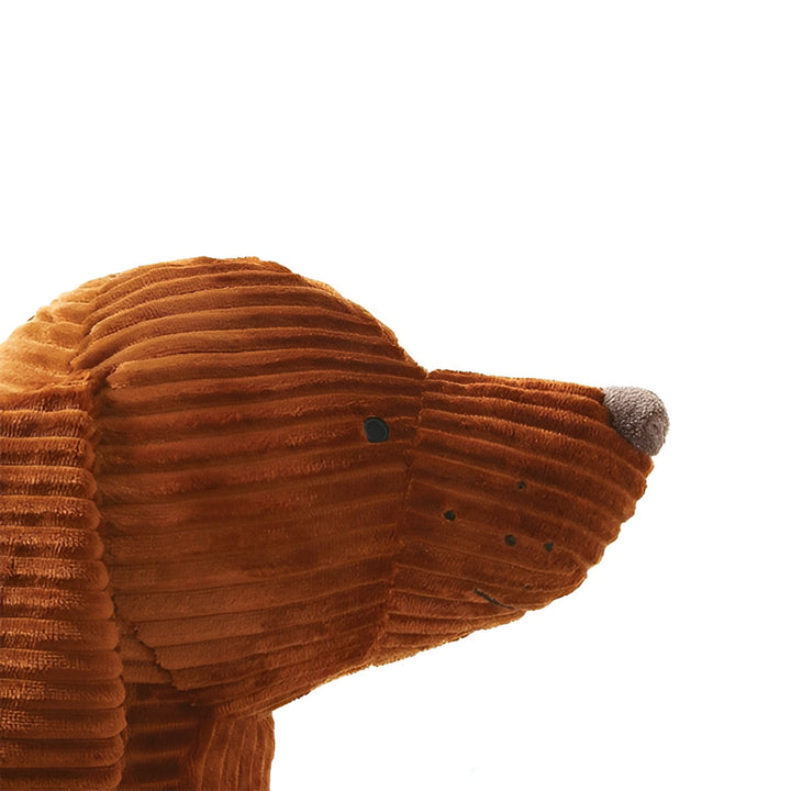 Close-up of cute dachshund stuffed toy showing premium plush fabric