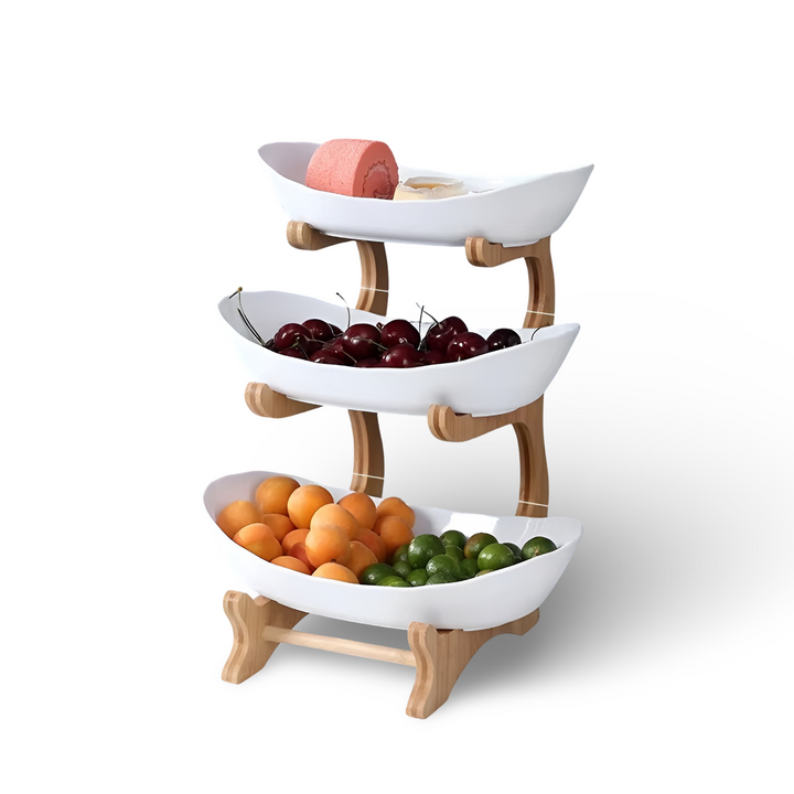 Decorative metal tier tray used for home decor and fruit storage