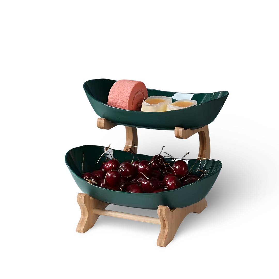 Angle view of the modern fruit stand organizer showcasing baskets
