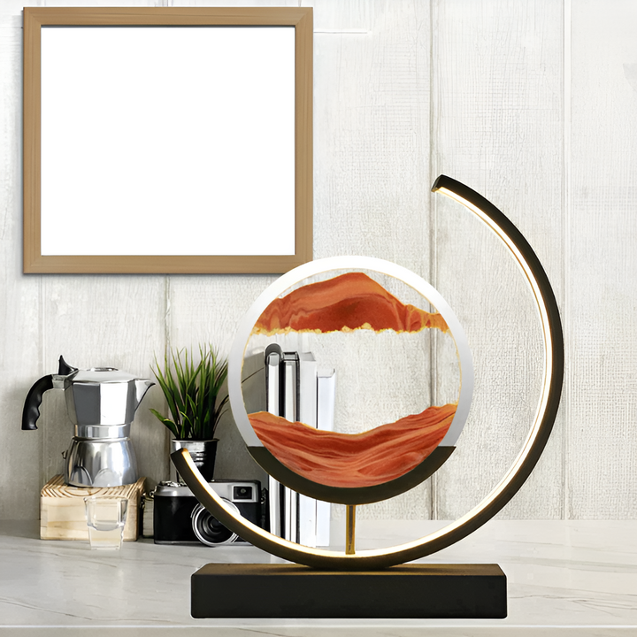 Dimmable LED table lamp featuring flowing sand and ambient light control