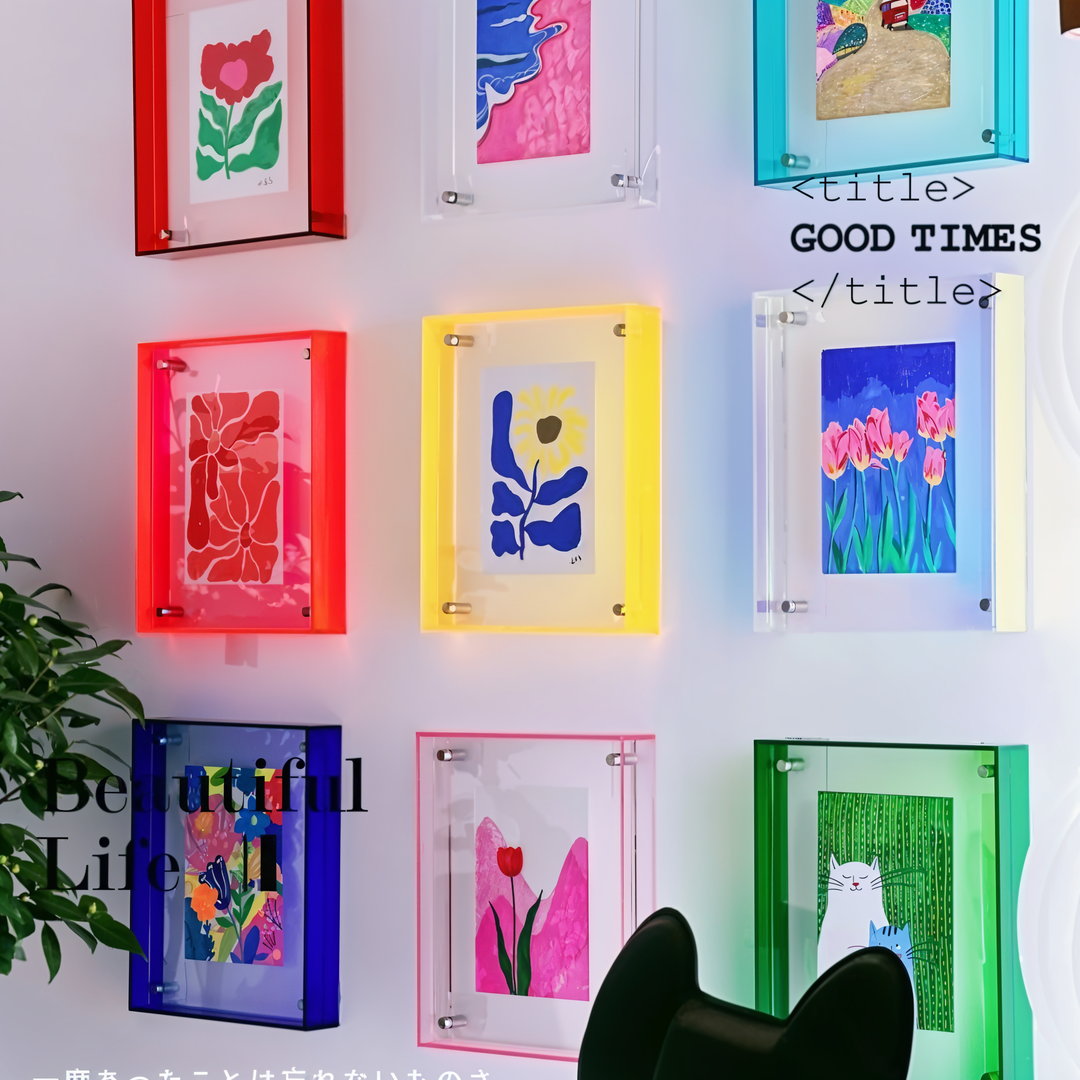 VividAcryl neon acrylic photo frames mounted on a white wall in various vibrant colors
