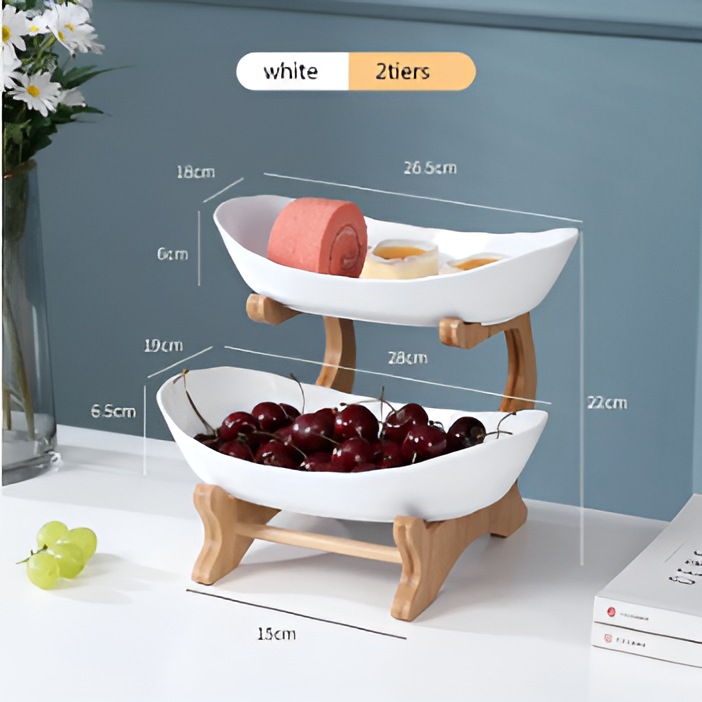 Two-tier fruit basket serving as a modern snack display in a home