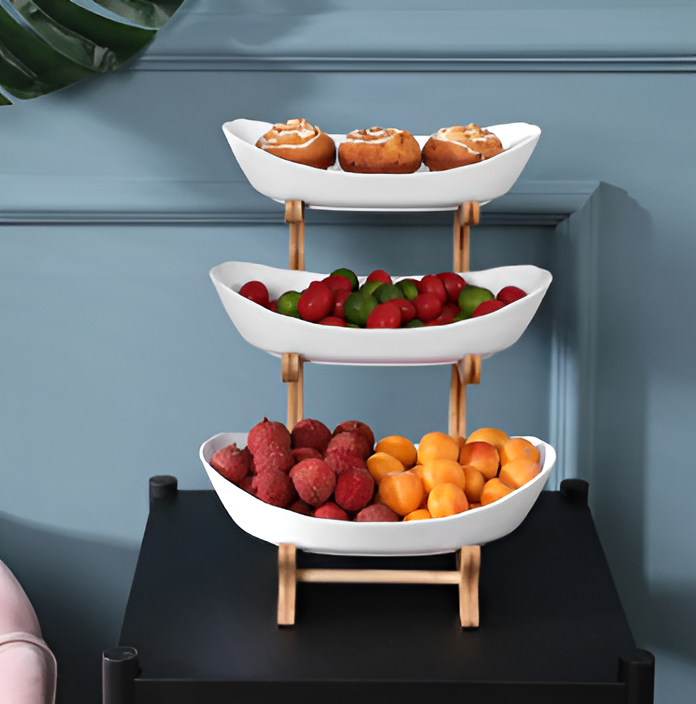 Black metal tier tray for kitchen organization and countertop storage