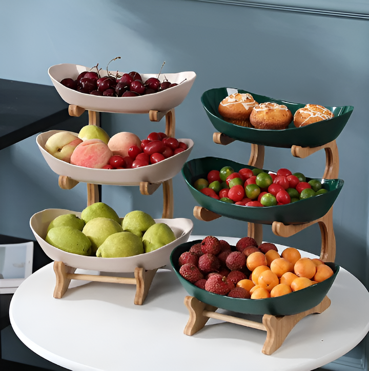 Modern multi-tier fruit stand organizer on a clean kitchen countertop