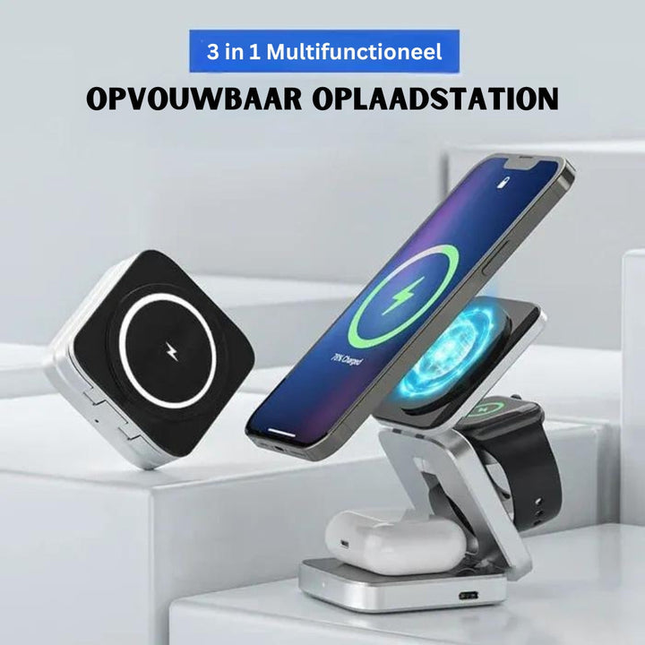 Fast wireless charger and desk organizer folded flat for easy travel in compact size
