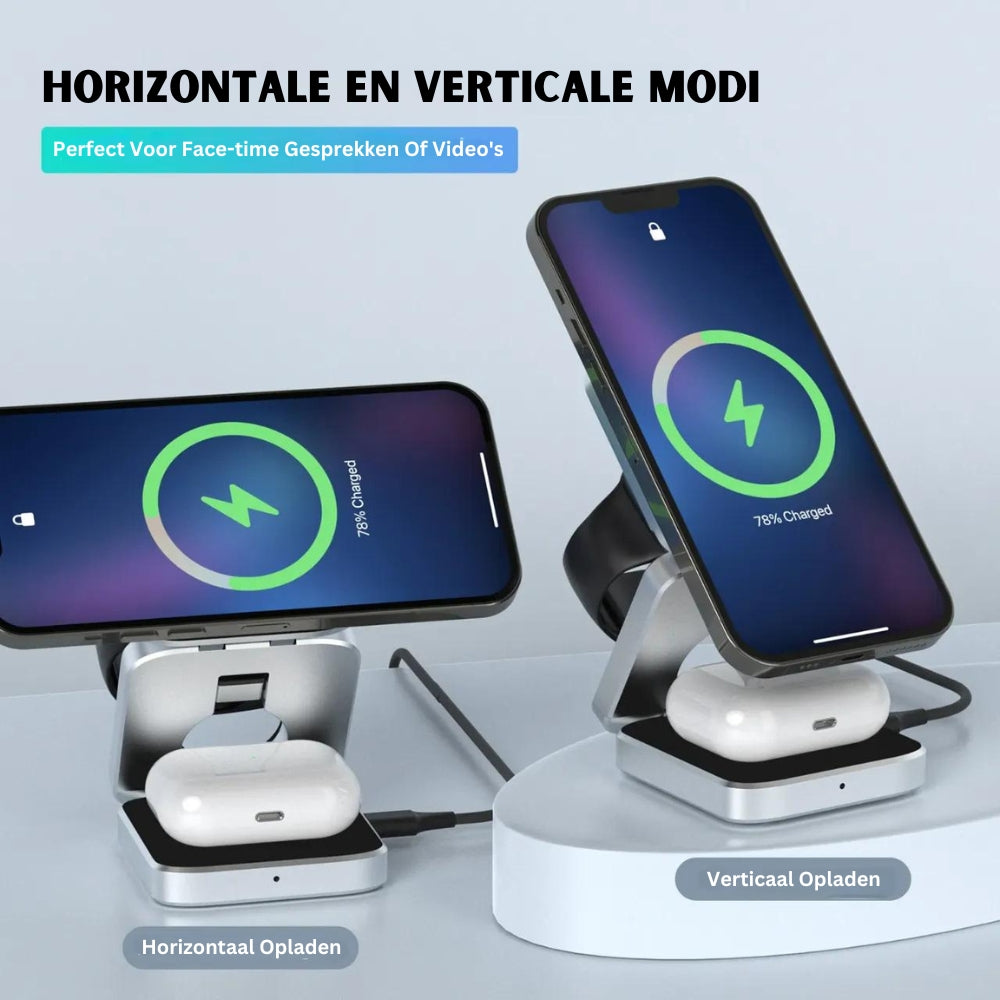 Side profile of the portable wireless charging station showcasing its adjustable multi-device stand