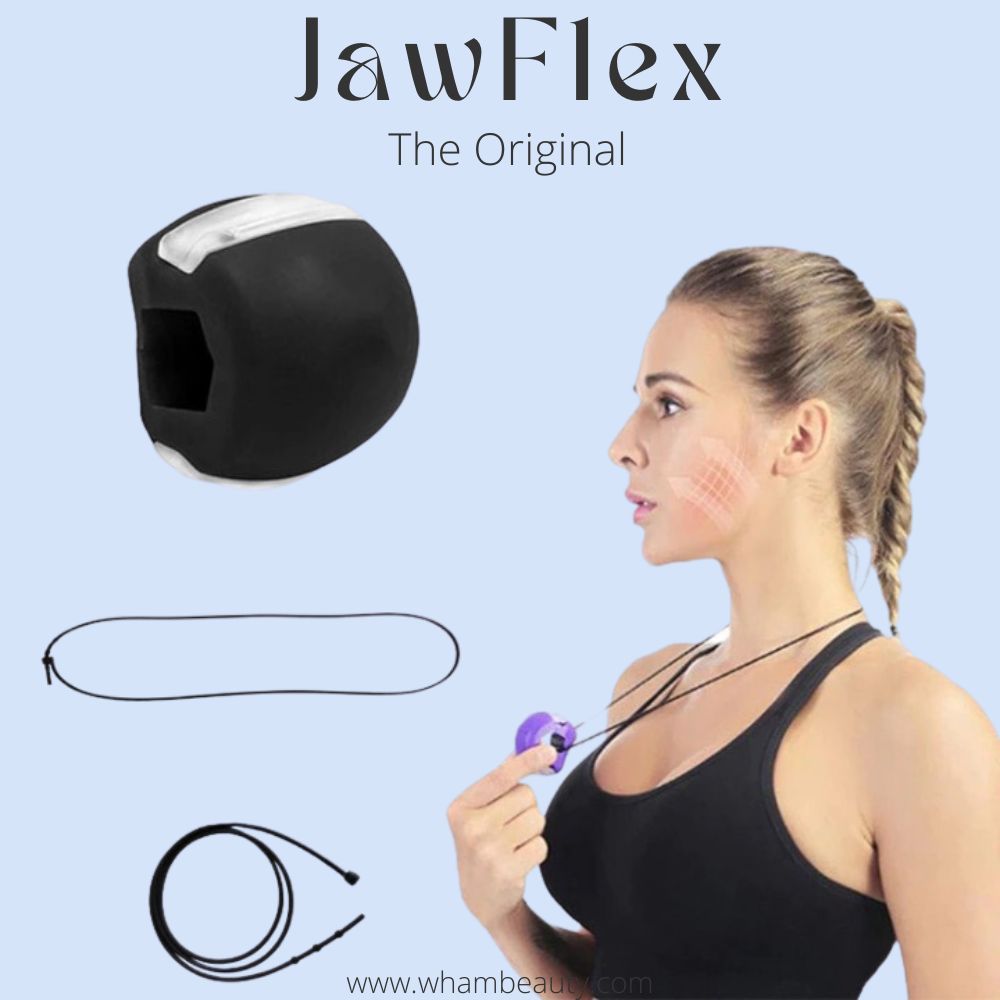 Woman holding a purple jawline exerciser with a strap next to a black trainer