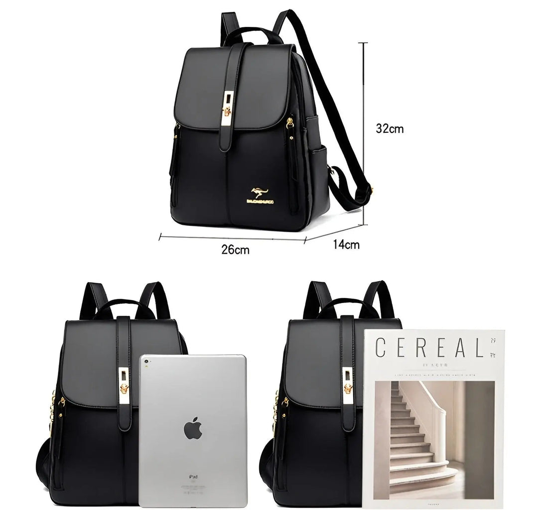 Close up of durable hardware and zippers on women's daily essential backpack