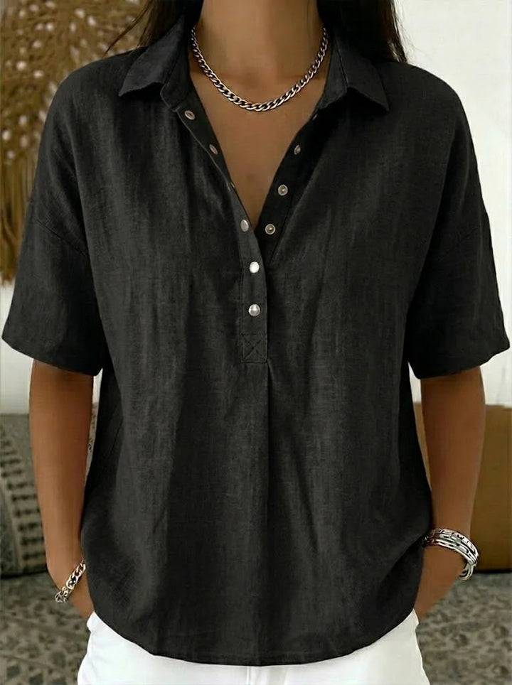 Back view of short sleeve casual button-up shirt for women