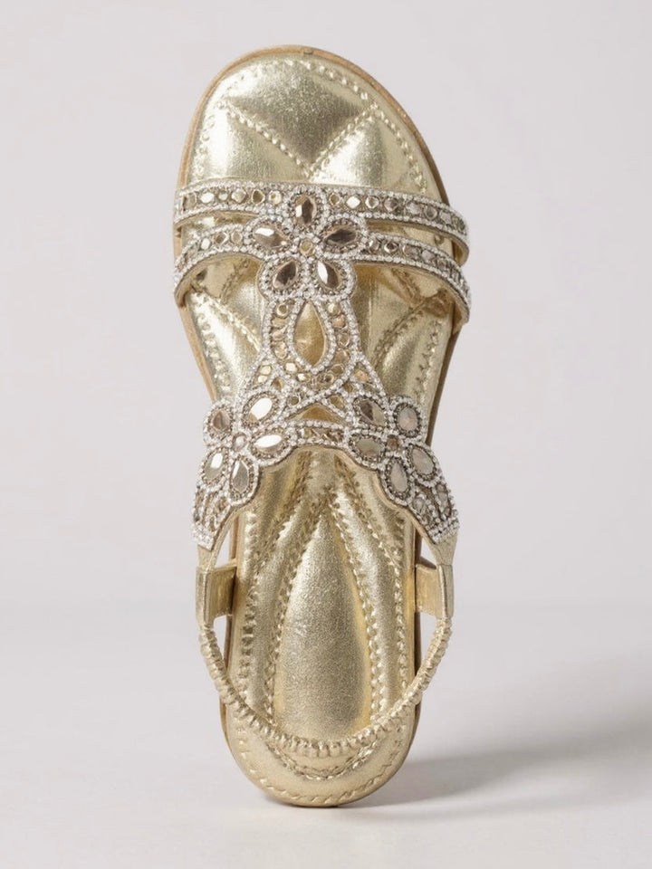 Comfortable cushioned sole detail on sparkling womens flat sandals