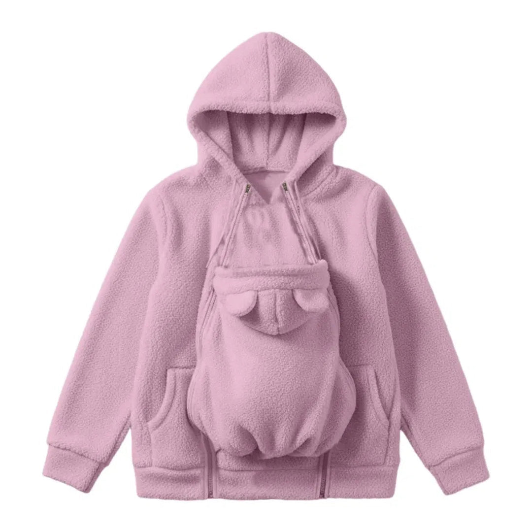 Pink soft fleece baby-carrying hoodie with front pouch