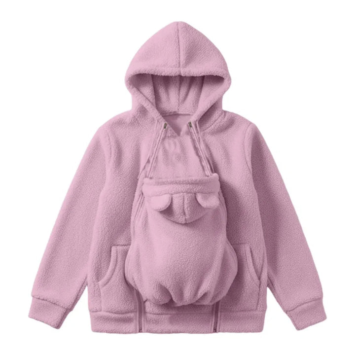 Pink soft fleece baby-carrying hoodie with front pouch