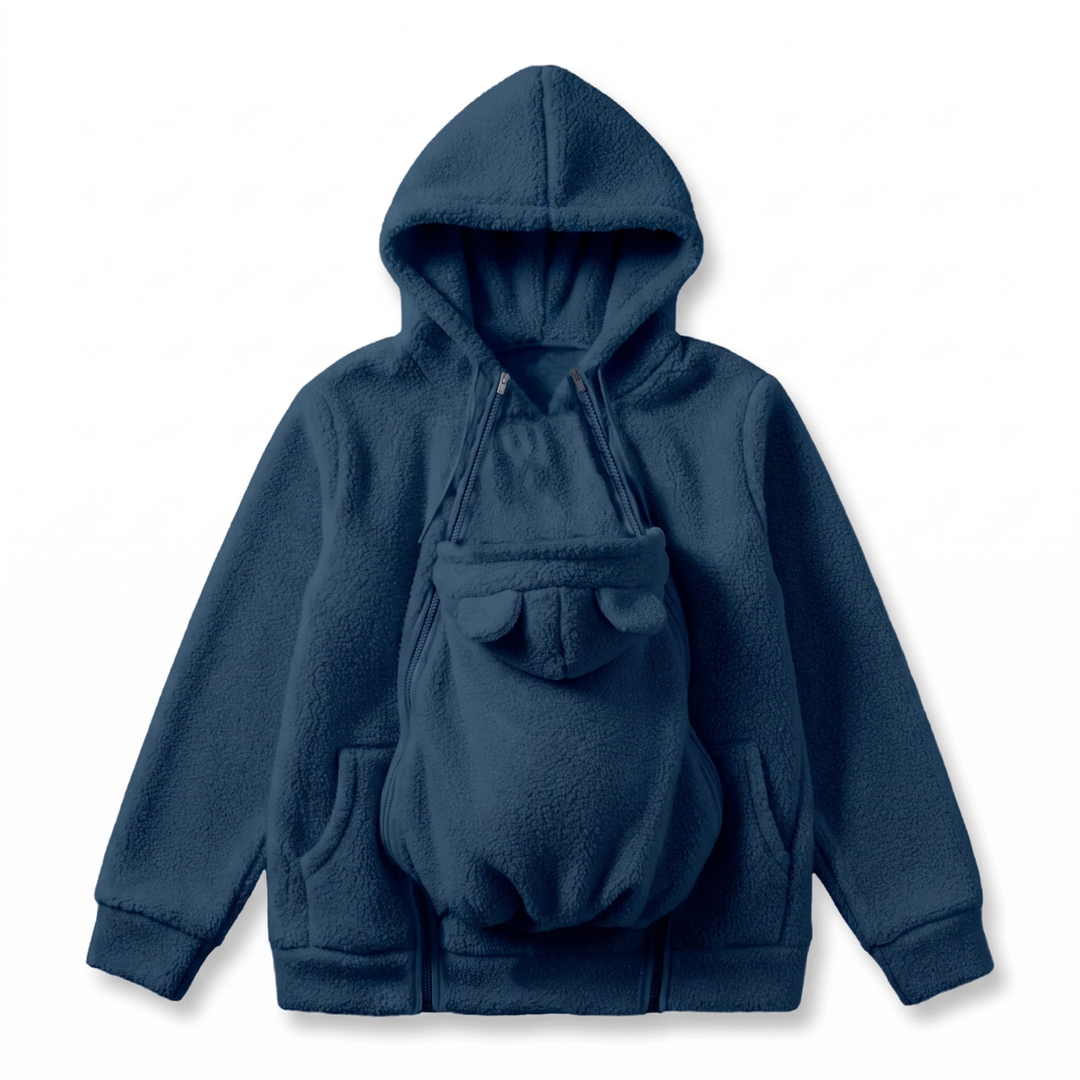 Navy blue soft fleece baby-carrying hoodie with front pouch