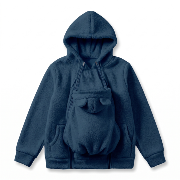 Navy blue soft fleece baby-carrying hoodie with front pouch