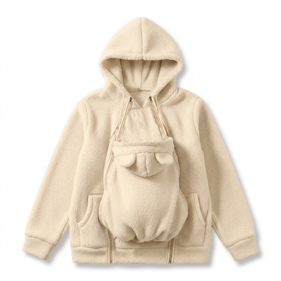 Womens soft fleece baby-carrying hoodie showing front kangaroo pocket detail