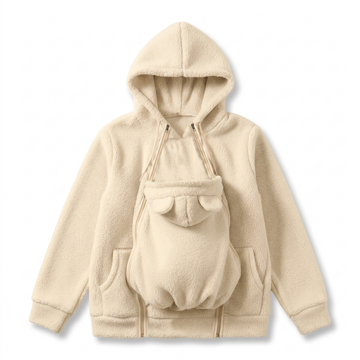 Womens soft fleece baby-carrying hoodie showing front kangaroo pocket detail