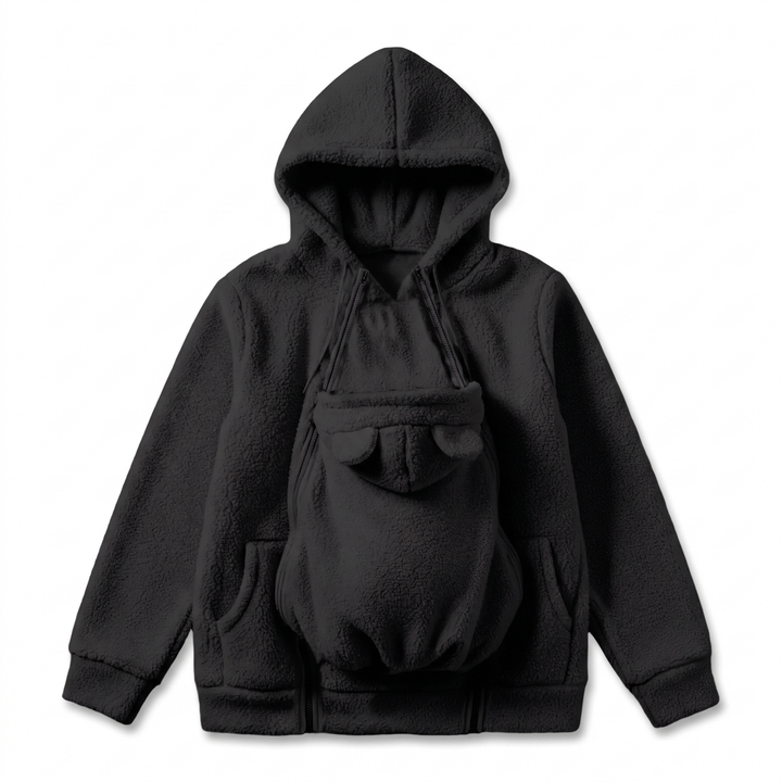 Black soft fleece baby-carrying hoodie with front pouch