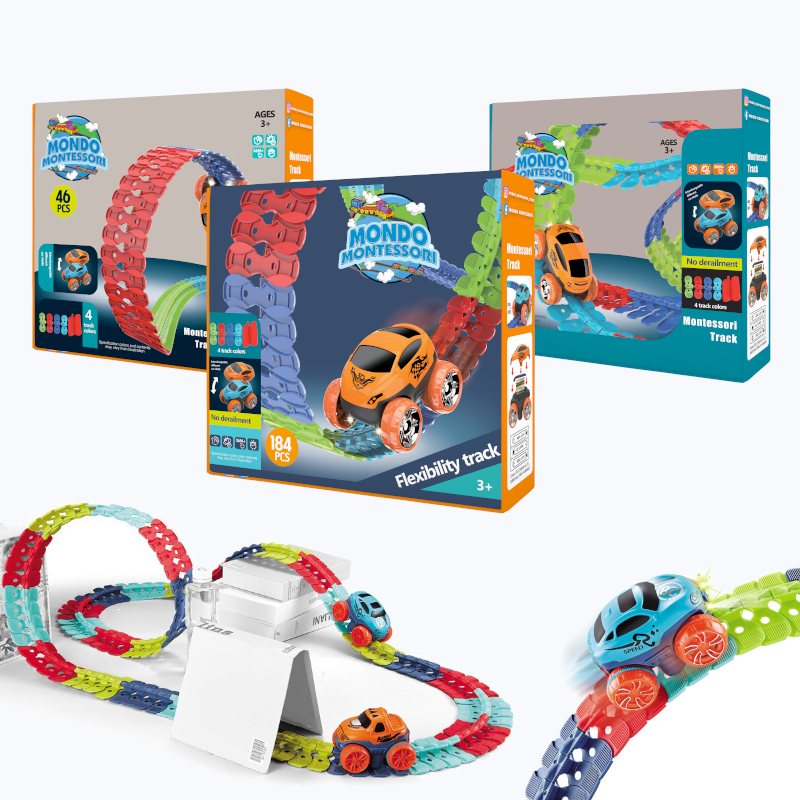 Three colorful boxes of the flexible race track sets with assembled tracks and cars