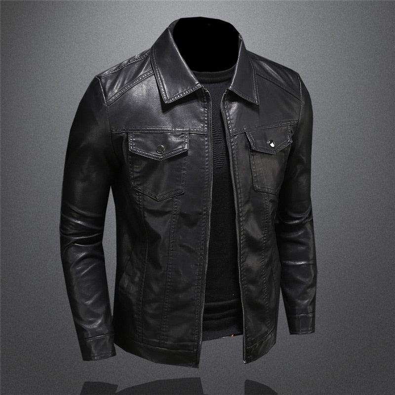 Detailed front angle of men's black jacket featuring zipper and collar