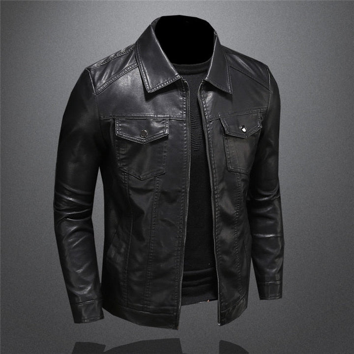 Detailed front angle of men's black jacket featuring zipper and collar