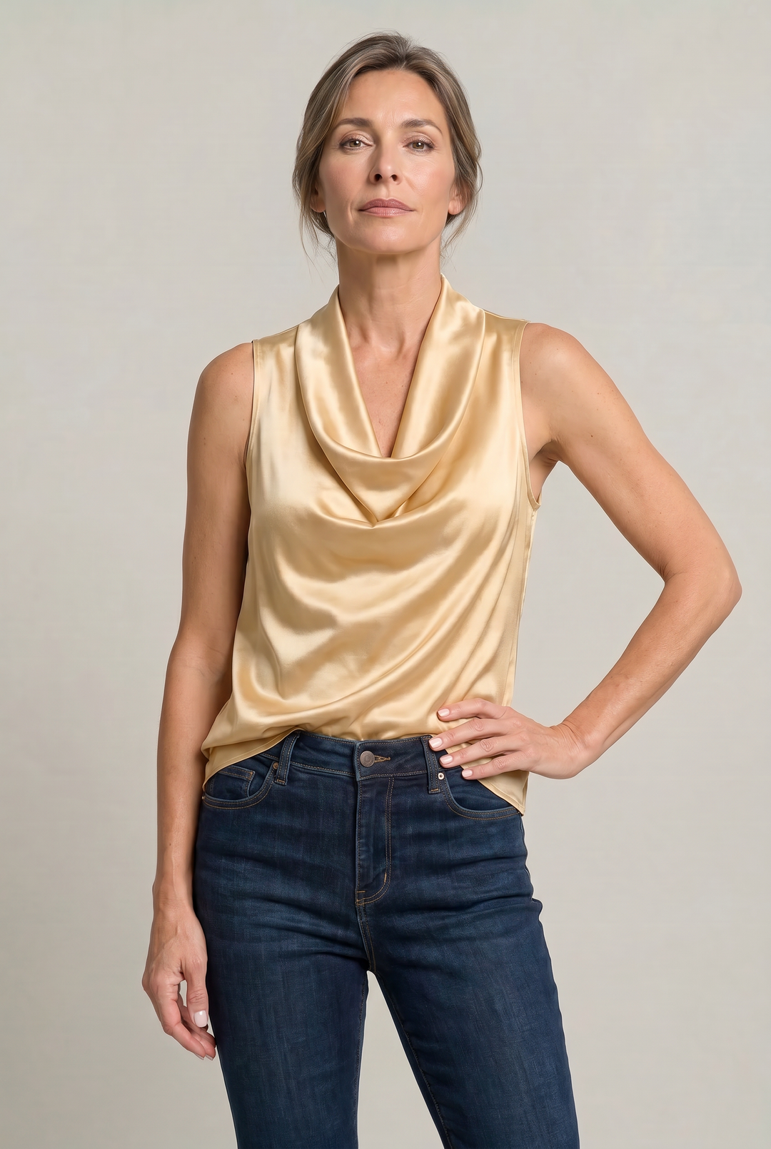Model wearing champagne cowl neck sleeveless cami top with dark jeans