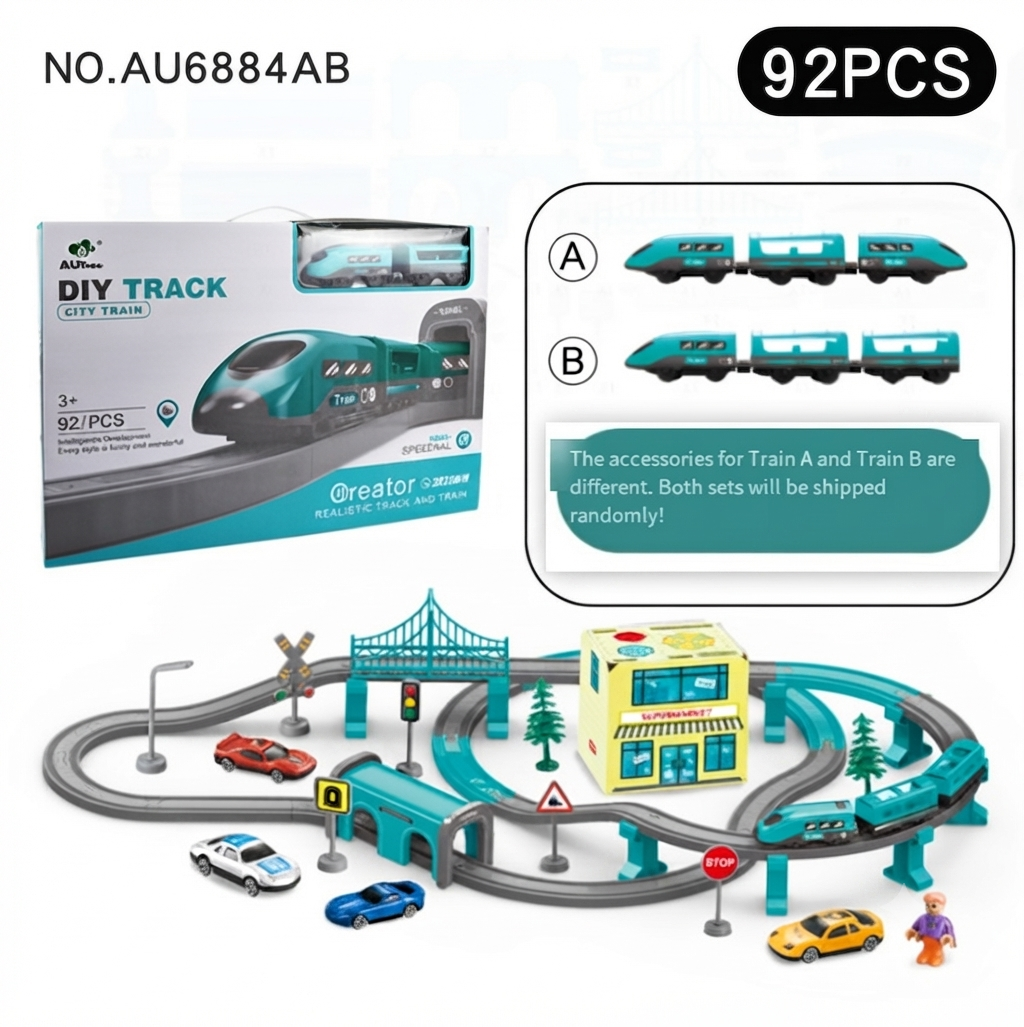 Kids 92-piece adventure railway train track set packaging and full contents layout