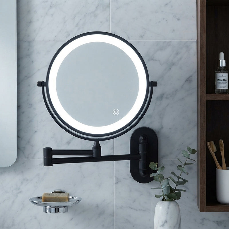Wall-mounted LED magnifying mirror installed beside a modern bathroom sink