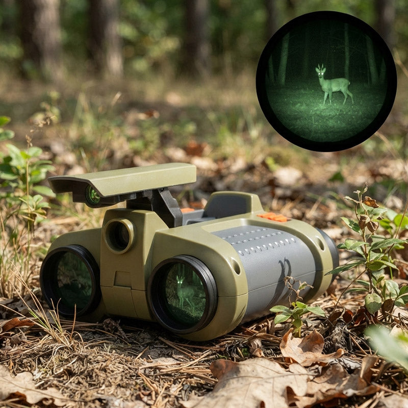 Kids night vision binoculars placed on forest ground
